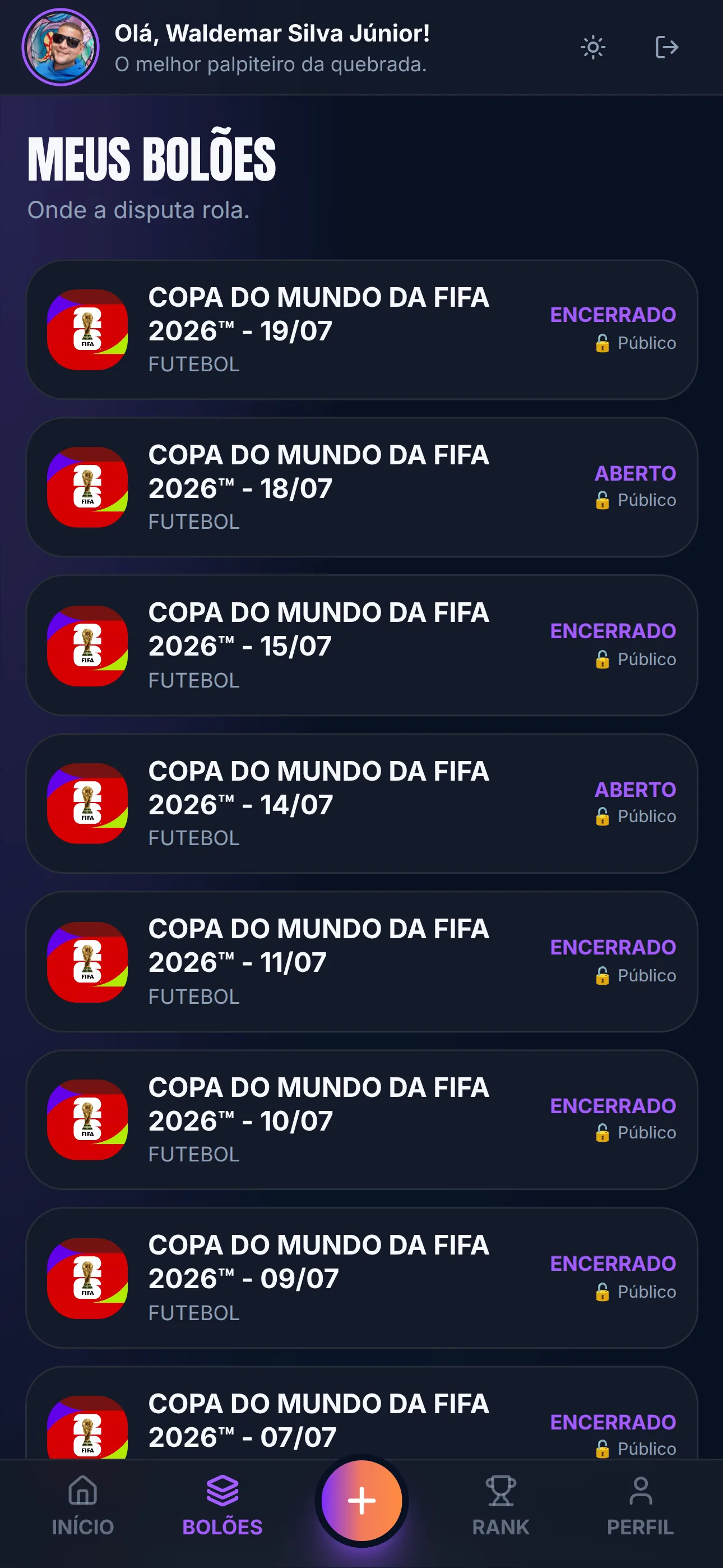 Dashboard real com cards de bolões e próximos eventos